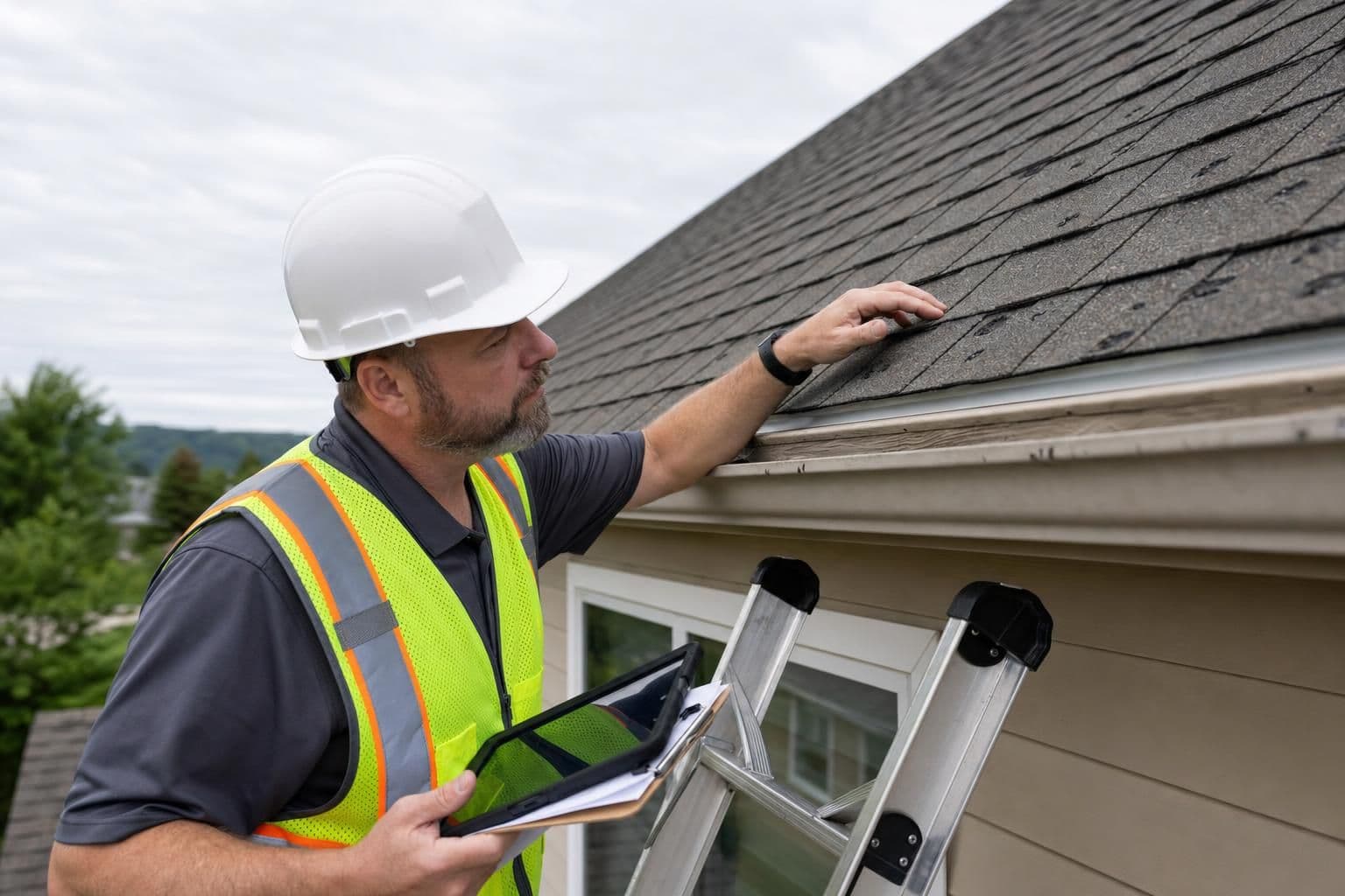 Inspector documenting hail damage on a roof during a storm inspection
