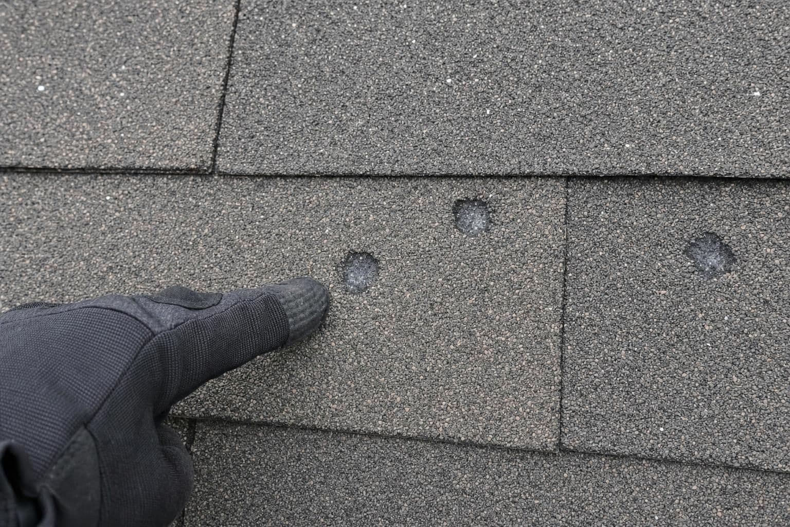 Close-up of hail impact damage on roof shingles