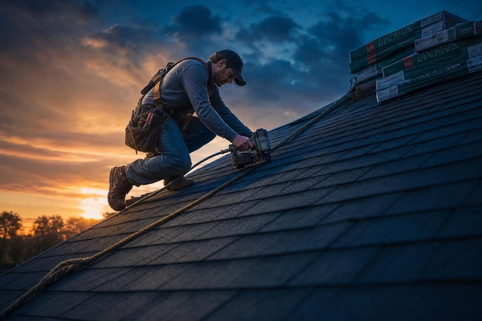 Roofing crew installing shingles