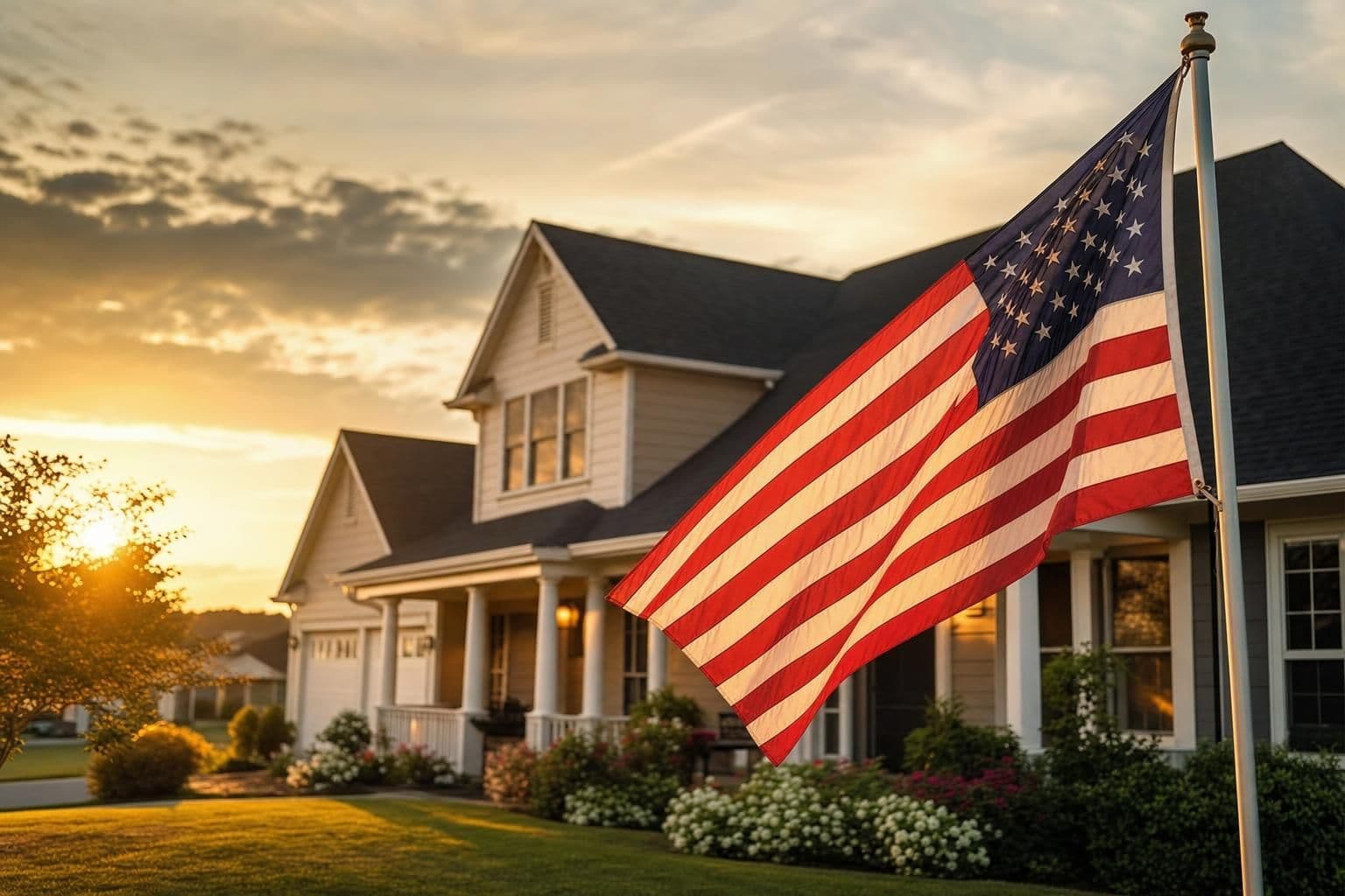 American flag flying in front of a home with a new roof